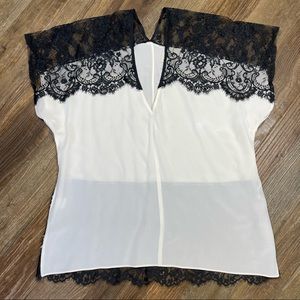MICHELLE MASON Ivory Silk Black Lace V Neck Blouse Size 8